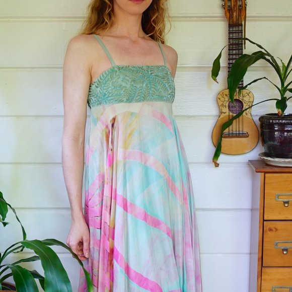 Sabine by Floreat Anthropologie Pastel Beaded Dress in Sage and Pink - Picture 3 of 7
